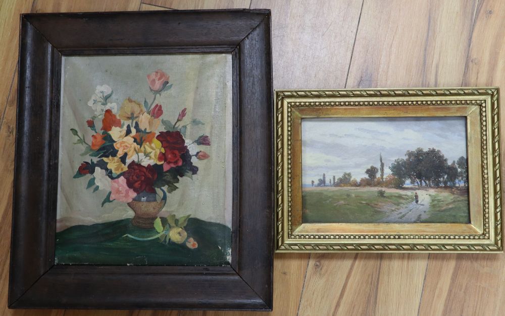 R.V. Herman, oil on millboard, Traveller in a landscape, signed, 14 x 22cm and an oil on canvas, Study of flowers, 30 x 25cm
